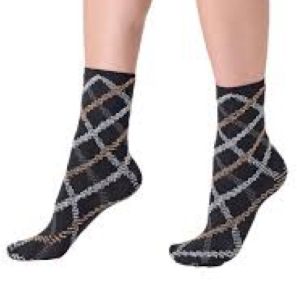 OROBLU OPAQUE FUR TARTAN ANKLE SOCKS BLACK SILVER GOLD NWOT